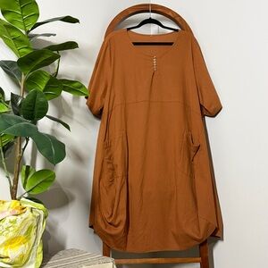 Minibee 2XL Oversized Mustard Brown Lantern Lagenlook Linen Cotton Dress